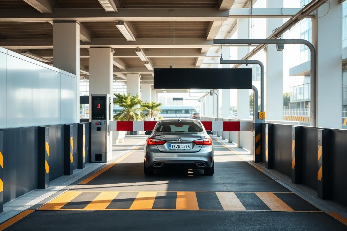 Automated parking entry lane with licence plate recognition camera and barrier gate