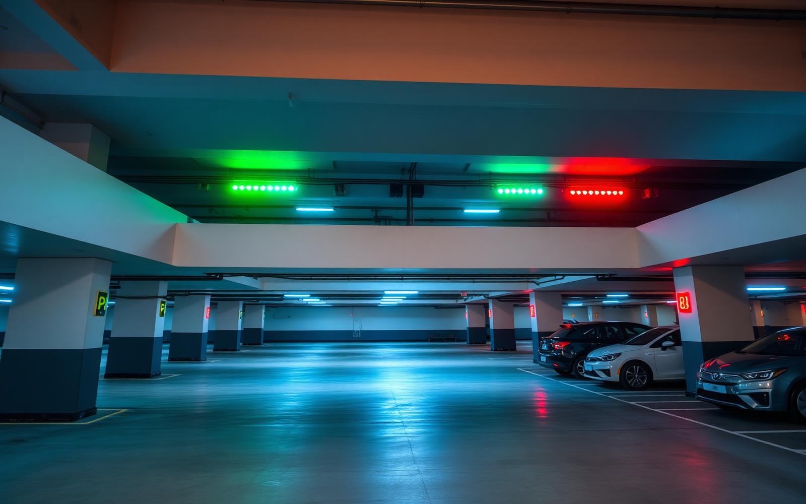 Illuminated multi-level parking garage with bay occupancy indicators