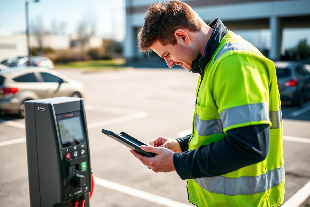 Crew member marking out parking bays and installing signage
