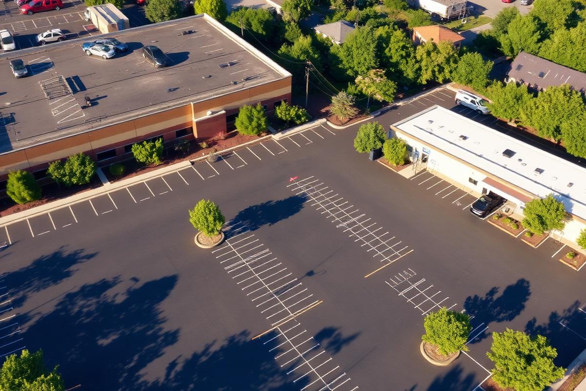 Aerial view of a resurfaced commercial office parking lot in New Jersey